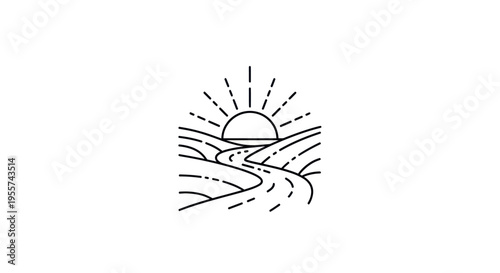 Road to sunrise linear illustration