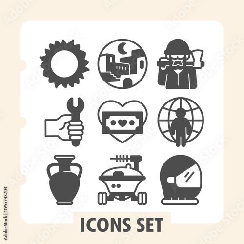 Set of nine modern glyph icons depicting industry, travel, security, energy, love, fitness, navigation and cooking themes optimized for web and mobile.