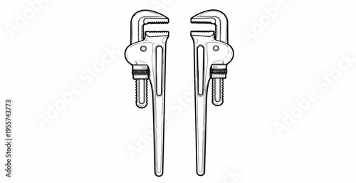 Heavy Duty Pipe Wrench Pair Outline Vector Illustration