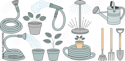 Gardening, tools, watering, hose, sprinkler, plants, garden, equipment, watering can, spray, irrigation, nature, care, illustration, outdoor, farming, botany, set, vector, design