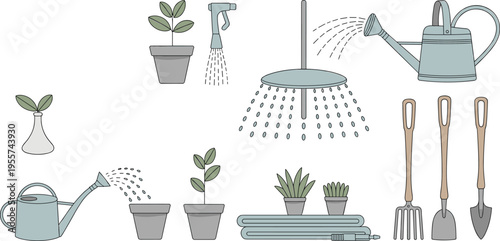 Gardening, tools, watering, hose, sprinkler, plants, garden, equipment, watering can, spray, irrigation, nature, care, illustration, outdoor, farming, botany, vector, set, design