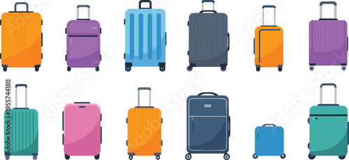 Travel, luggage, suitcase, set, colorful, baggage, trolley, vacation, trip, tourism, bag, vector, illustration, collection, modern, design, airport, travel gear, carryon, icon