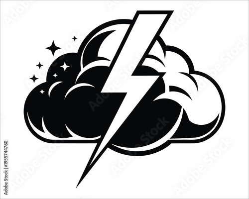 Black and white illustration of a lightning bolt striking a cloud