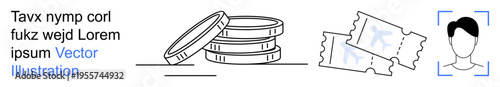 Financial transactions, authentication, digital economy, identity verification, security, event management. Image shows coins, tickets outlined face recognition. Financial transactions