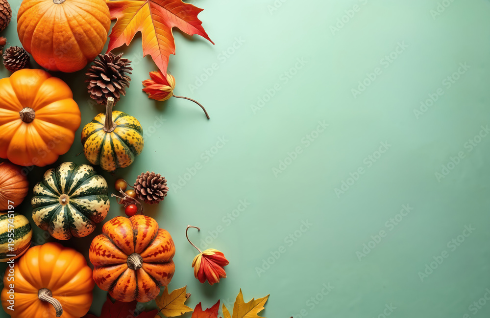 Fototapeta premium Orange pumpkins gourds and autumn leaves arranged on mint green backdrop. Natural harvest fall elements with pine cones and dry flowers creating seasonal decor.
