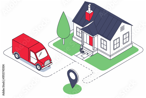 Red delivery van arriving at a house with a location pin on a dashed route. Last mile quick delivery concept. Isometric vector illustration