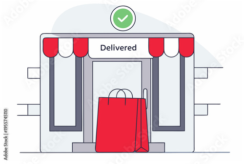 Shop facade with red paper shopping bag and delivered text. Last mile fast delivery service. Quick retail order concept. Vector illustration