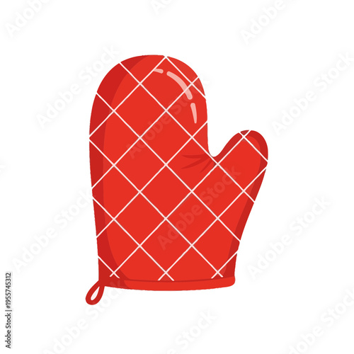 Vibrant red oven glove with white grid pattern.