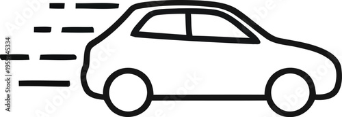 Simple black and white line drawing of a speeding hatchback car