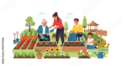 Inclusive Community Gardening: Multi-Generational Group with Wheelchair User Tending a Healthy Vegetable Garden