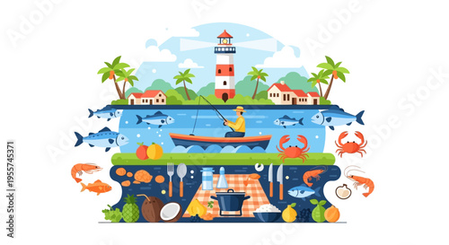 Coastal Fishing & Fresh Seafood Feast Illustration with Lighthouse, Tropical Landscape, and Summer Picnic