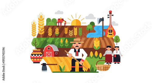 Vibrant flat illustration of traditional farm life with a farmer, women in folk attire, golden wheat and corn fields, barn, river, and cultural elements, depicting rural agriculture and harvest.