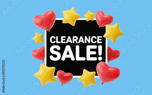 Clearance sale advertisement with balloons and stars on blue background
