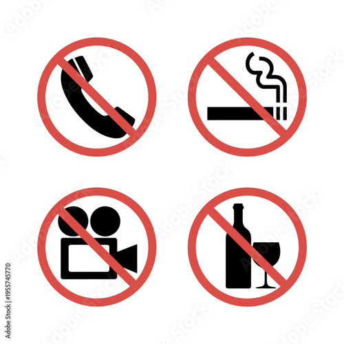 No smoking phones alcohol video recording signs icons set