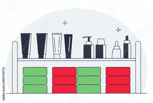Shelf with skincare product bottles and stock levels. Subscription-based commerce concept. Simple outline vector illustration for banner, website, ad