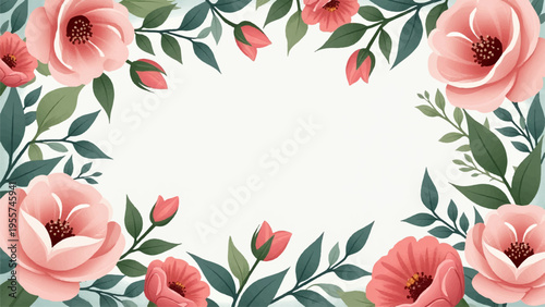 Pink roses and green leaves border frame on white background for decoration and design