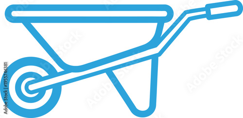 A simple blue line art illustration of a standard wheelbarrow used for gardening and construction