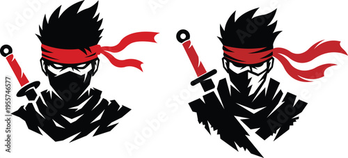 Ninja mascot logo with sword and red headband vector, modern ninja mascot with mask and sword vector set