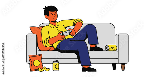 Bored Young Man Sitting on Sofa Playing Video Games with Snacks and Soda Cans