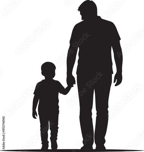 Silhouette of Father and Young Son Walking Together Holding Hands on White Background, Concept of Parenting and Family Bond