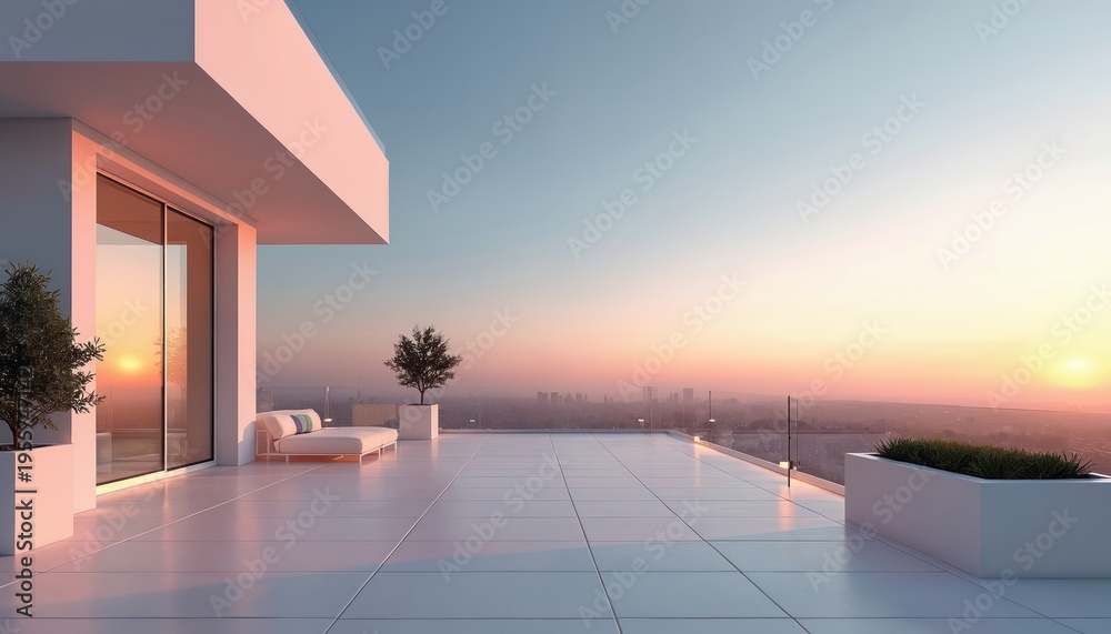 Fototapeta premium Modern white terrace with plants overlooks city skyline at sunset. Minimalist balcony offers calm view of urban landscape. Empty patio reflects warm golden hour light.