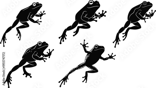 Frog silhouette, amphibian illustration, jumping frog drawing, wildlife art, leaping animal design, black amphibian figure, nature creature artwork, dynamic frog pose