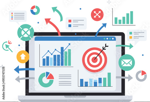 Digital marketing dashboard with target analytics and data visualization, business strategy and performance tracking flat vector illustration