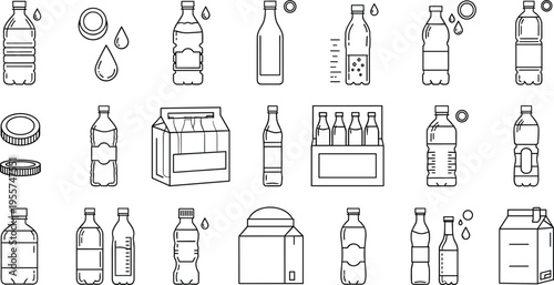 Industrial Beverage Production and Consumer Packaging Icon Set Featuring Multi-shaped Plastic Bottles, Liquid Measurement, Beverage Cartons, and Fluid Dispensing Line Vector Illustrations