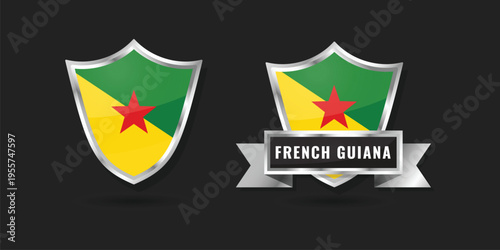 Premium glossy silver shield and ribbon emblem featuring the flag of French Guiana (Guyane), suitable for South American and overseas territory branding.