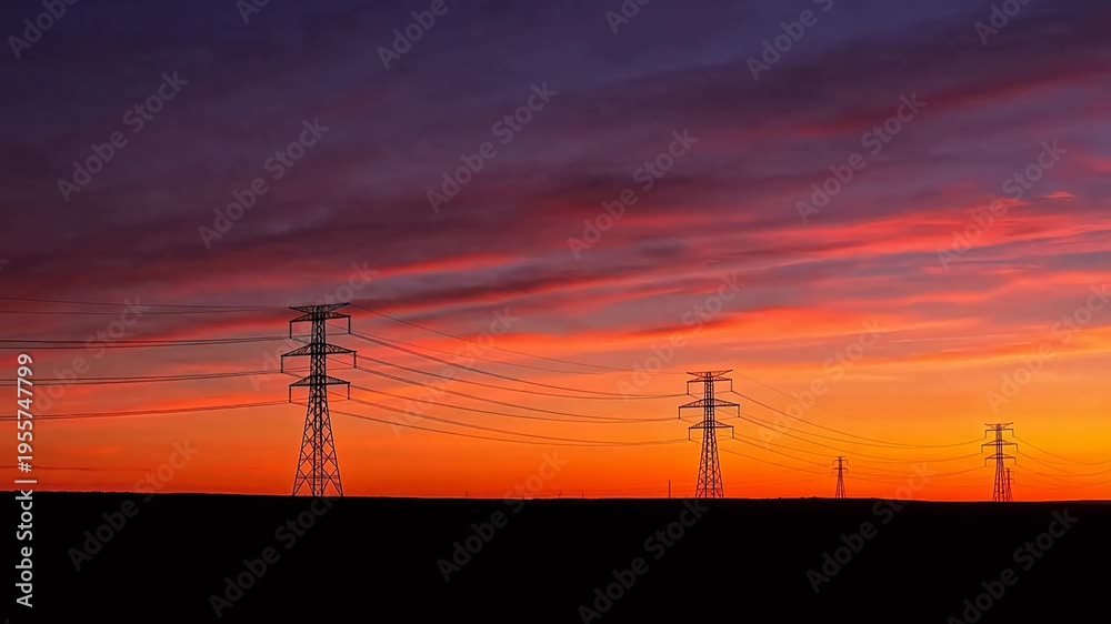 Silhouetted high-voltage transmission towers against a vibrant sunset ...