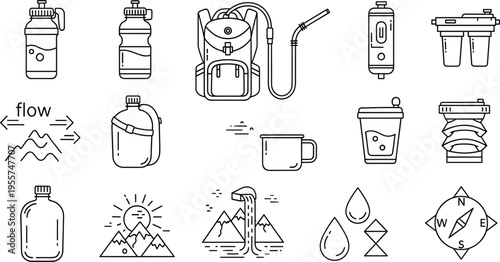 Technical Survival Gear Maintenance and Water Filtration Icon Set Featuring Replacement Cartridges, Cleaning Tools, Multi-Stage Filters, and Wilderness Utility Illustrations