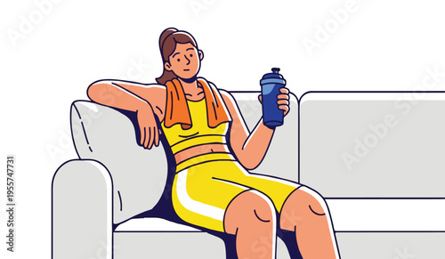 Young Woman Resting on Sofa After Workout with Protein Shaker and Towel