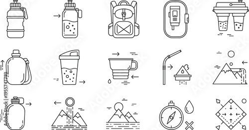 Wilderness Survival Hydration and Water Filtration Icon Set Featuring Technical Filtration Components, Portable Canteens, Tactical Backpacks, and Field Navigation Vector Illustrations