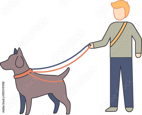 Man walking dog with leash, pet companionship and daily outdoor activity concept, simple flat vector illustration design