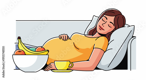 Pregnant Woman Relaxing on Sofa with Fruit Bowl and Tea