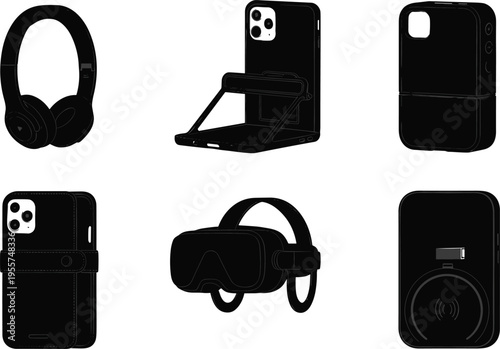 Headphones, smartphone stand, phone case, VR headset, smartwatch strap, wireless charger, modern gadgets, digital accessories, portable devices, wearable tech, charging pad, audio gear,