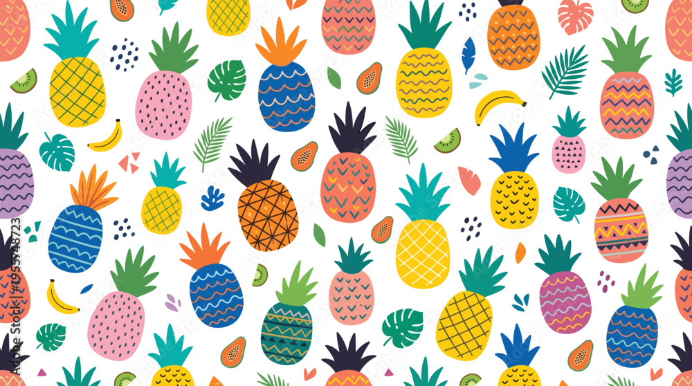 Fototapeta premium Contemporary seamless design featuring pineapples in varied hues and textures against a white backdrop, showcasing exotic tropical fruits in a fresh, juicy style, rendered as a colored hand‑drawn
