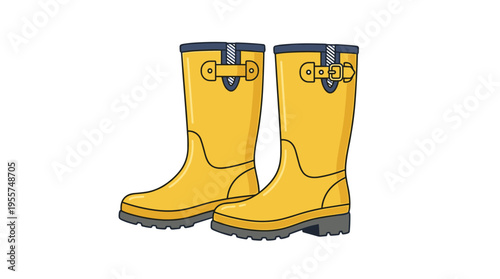 Rubber rain boots, wellies, and gumboots are perfect for wet weather, especially autumn, offering waterproof protection in a flat vector illustration on a white background