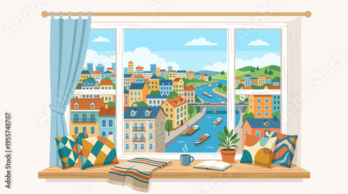 A daytime view of the city seen from inside a home, featuring a cozy windowsill with cushions, a cityscape of houses and a river in the afternoon, and a comfortable seat on the sill, depicted in a