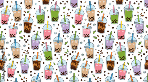 A continuous pattern featuring bubble tea cups, an infinite backdrop of boba-filled glasses, and a texture reminiscent of tapioca cocktails, all rendered in a colored flat vector illustration for