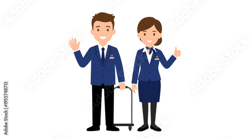 A smiling cartoon man and woman, hotel staff, are isolated against a white background. Their happy, friendly characters are shown in uniform in a flat vector illustration. The artwork highlights
