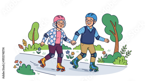 An elderly couple skating on roller skates, hand in hand, enjoying an outdoor activity depicted in a colorful flat cartoon vector illustration