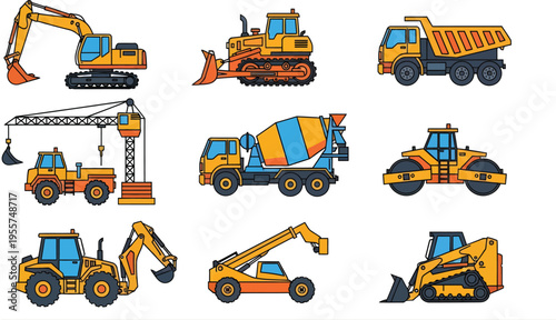 Heavy Construction Vehicle and Machinery Illustration Set with Excavator Bulldozer Crane and Industrial Equipment