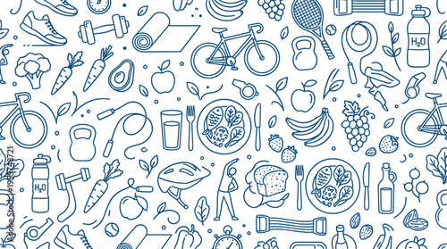 A contemporary seamless pattern featuring healthy lifestyle elements, illustrated with blue contour lines on a white background, depicting sports gear and nutritious food in a monochrome line art