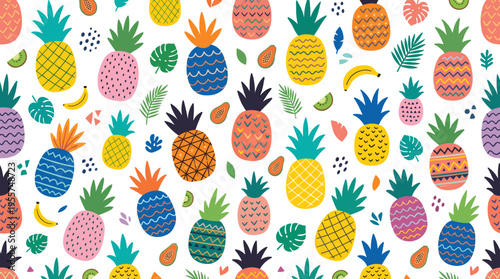 Contemporary seamless design featuring pineapples in varied hues and textures against a white backdrop, showcasing exotic tropical fruits in a fresh, juicy style, rendered as a colored hand‑drawn