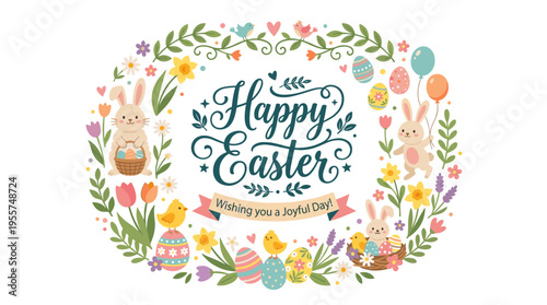 A stunning decorative piece featuring a handwritten Happy Easter greeting in graceful calligraphy, encircled by chicks, bunnies, eggs, and flowers, rendered as a flat cartoon vector illustration for