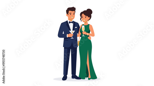 A stylish romantic pair in luxurious evening wear clink glasses of drinks against a white backdrop, depicted as a flat cartoon vector illustration