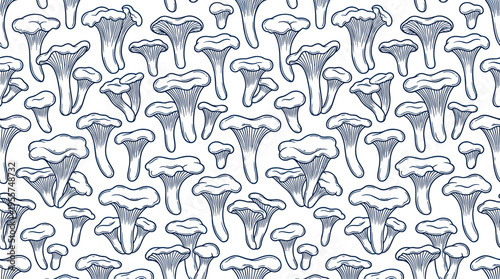 Outlined chanterelle mushrooms create a seamless pattern on a white background, forming an endless repeating texture ideal for printing, rendered as a hand‑drawn, contoured vector illustration in a