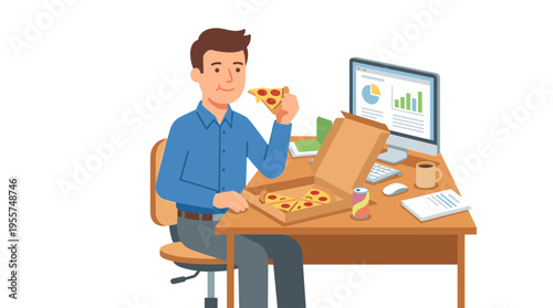 An employee enjoys a pizza delivery lunch while seated at his computer desk, depicted in a flat vector illustration on a white background