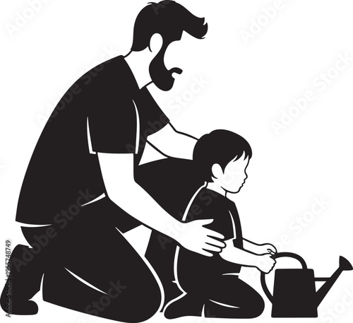 Silhouette of Father and Son Gardening and Using a Watering Can, Dad Teaching Child How to Care for Plants